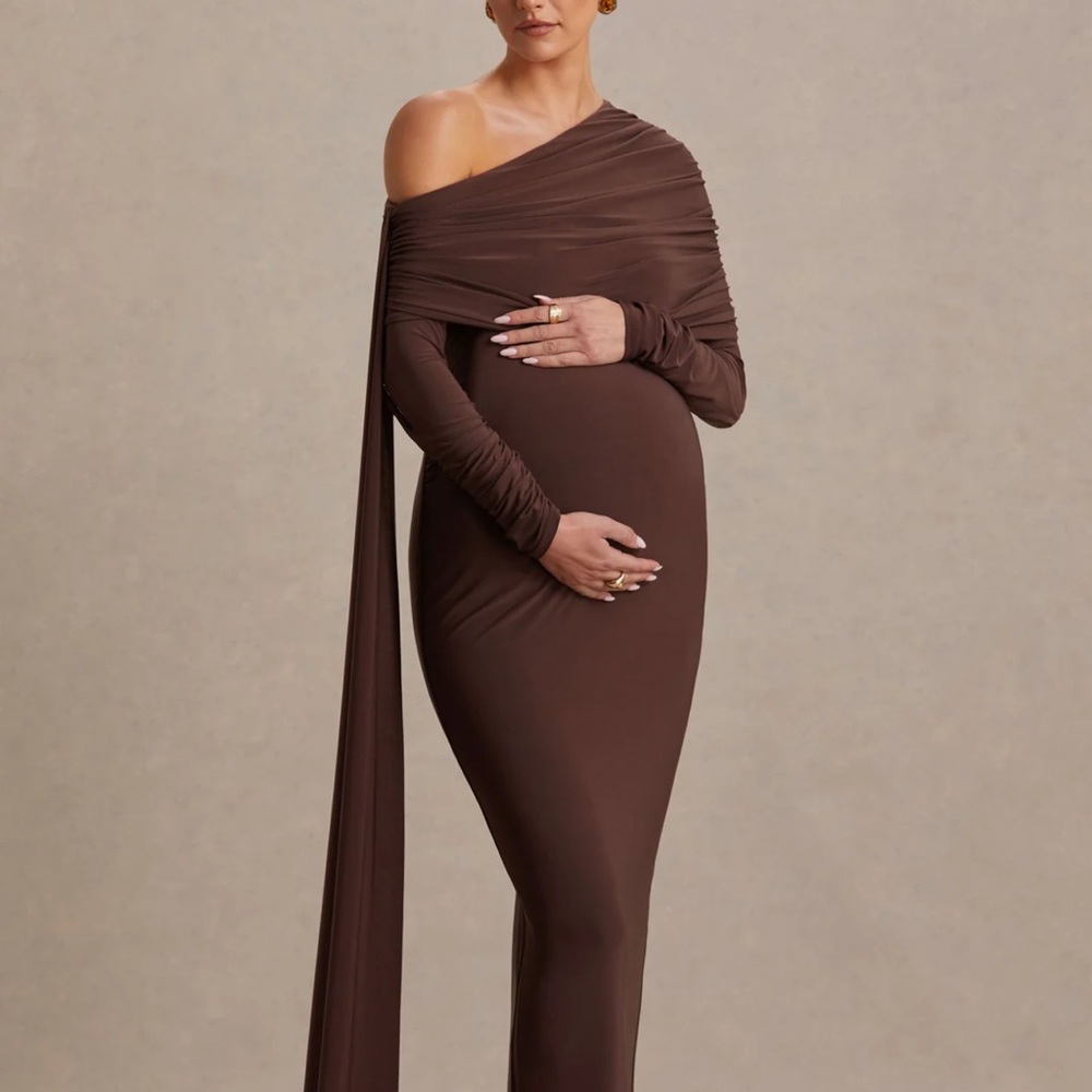 Elegant Brown One-Shoulder Maternity Dress